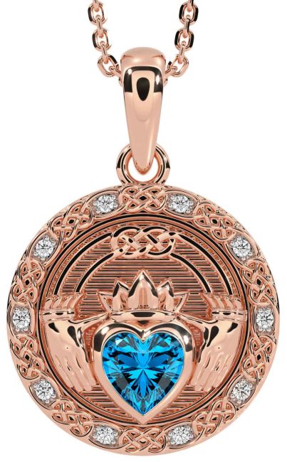 Diamond Topaz Rose Gold Celtic Claddagh Necklace