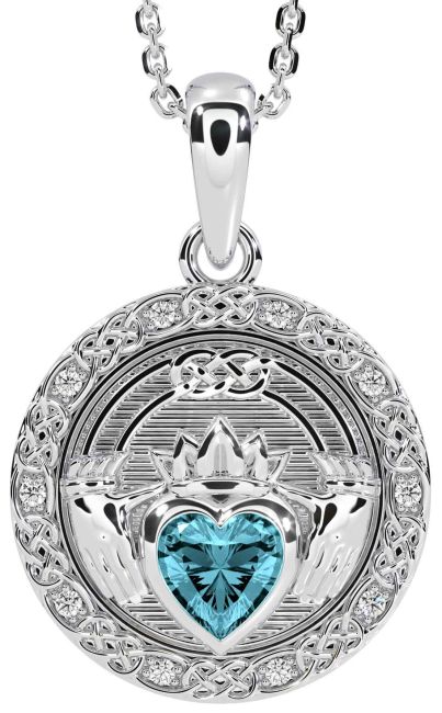 Diamond Aquamarine Silver Celtic Claddagh Necklace