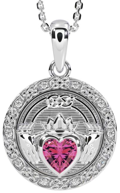 Diamond Pink Tourmaline Silver Celtic Claddagh Necklace