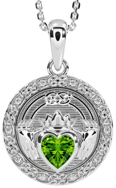 Diamond Peridot Silver Celtic Claddagh Necklace