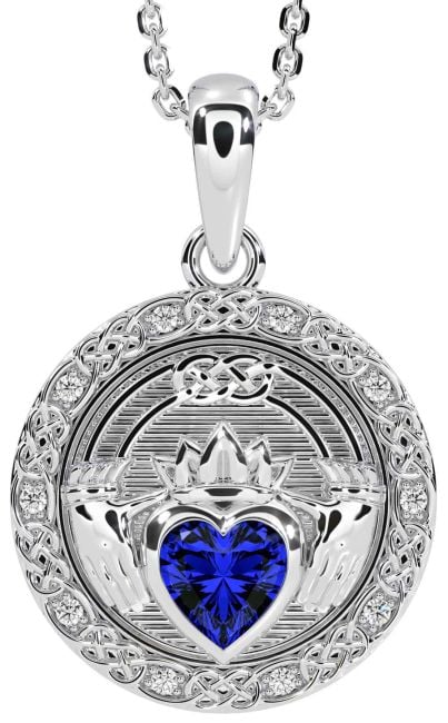 Diamond Sapphire Silver Celtic Claddagh Necklace