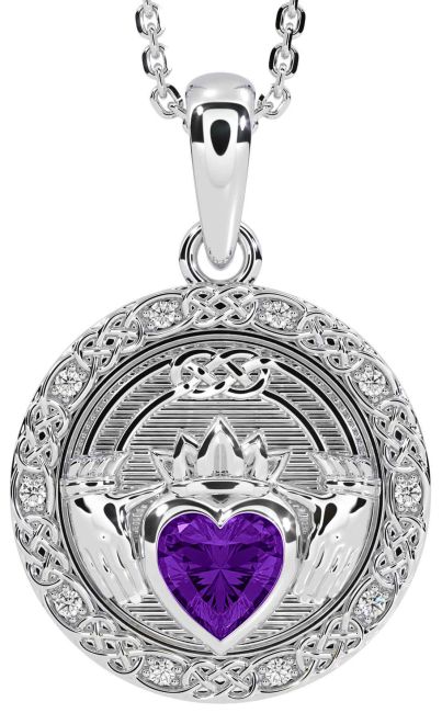 Diamond Amethyst White Gold Celtic Claddagh Necklace