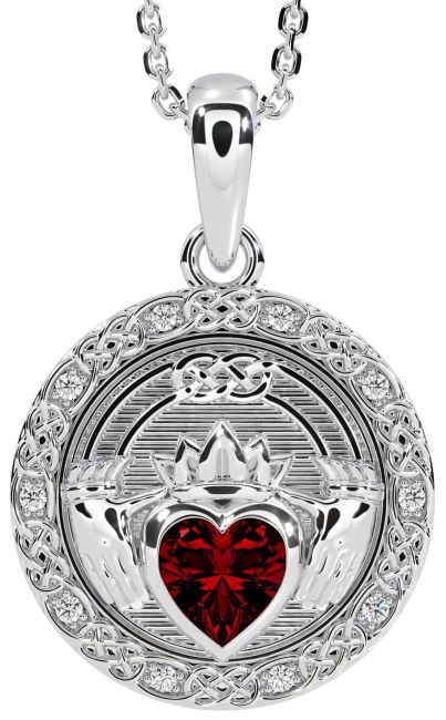 Diamond Garnet White Gold Celtic Claddagh Necklace