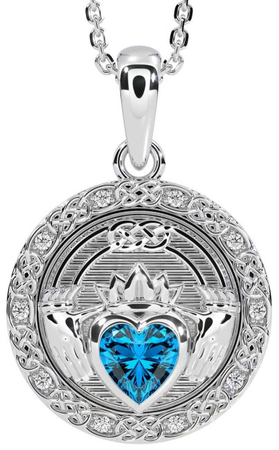 Diamond Topaz White Gold Celtic Claddagh Necklace