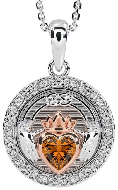 Diamond Citrine White Rose Gold Celtic Claddagh Necklace