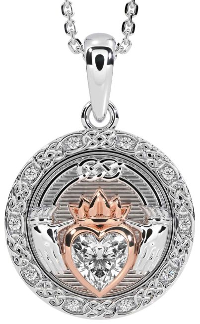 Diamond White Rose Gold Celtic Claddagh Necklace