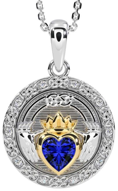 Diamond Sapphire White Yellow Gold Celtic Claddagh Necklace