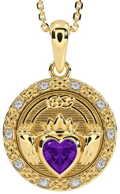 Diamond Amethyst Gold Celtic Claddagh Necklace