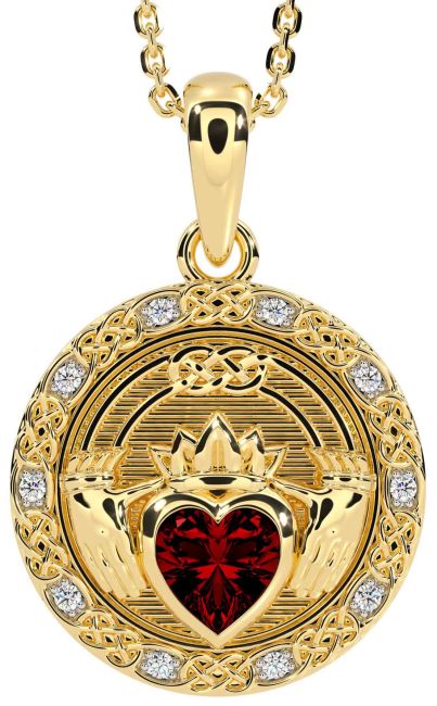 Diamond Garnet Gold Celtic Claddagh Necklace