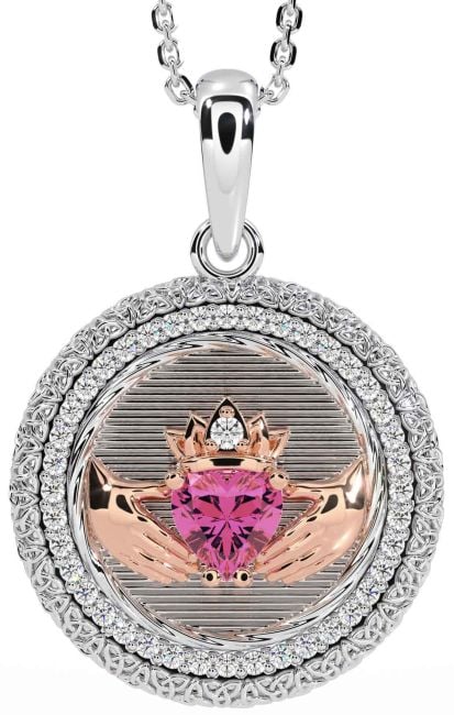 Diamond Pink Tourmaline Rose Gold Silver Claddagh Celtic Trinity Knot Necklace