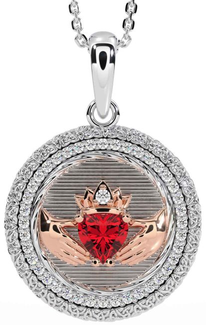 Diamond Ruby Rose Gold Silver Claddagh Celtic Trinity Knot Necklace