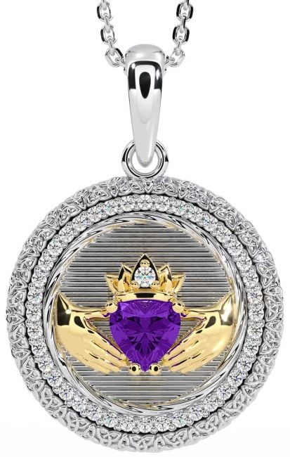Diamond Amethyst Gold Silver Claddagh Celtic Trinity Knot Necklace