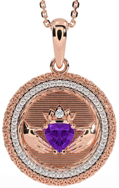 Diamond Amethyst Rose Gold Silver Claddagh Celtic Trinity Knot Necklace
