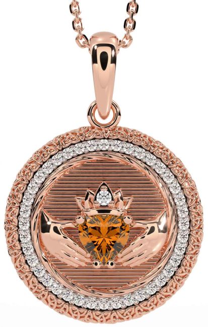 Diamond Citrine Rose Gold Silver Claddagh Celtic Trinity Knot Necklace