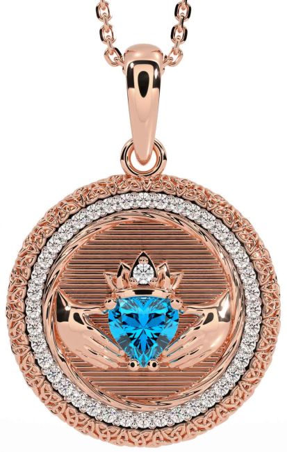 Diamond Topaz Rose Gold Silver Claddagh Celtic Trinity Knot Necklace