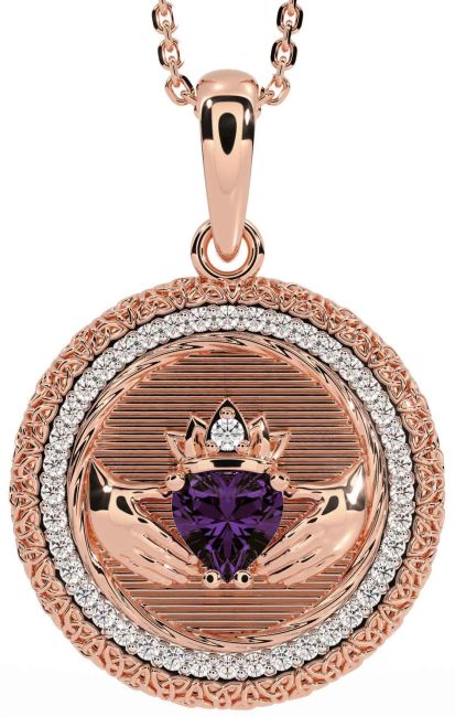 Diamond Alexandrite Rose Gold Claddagh Celtic Trinity Knot Necklace