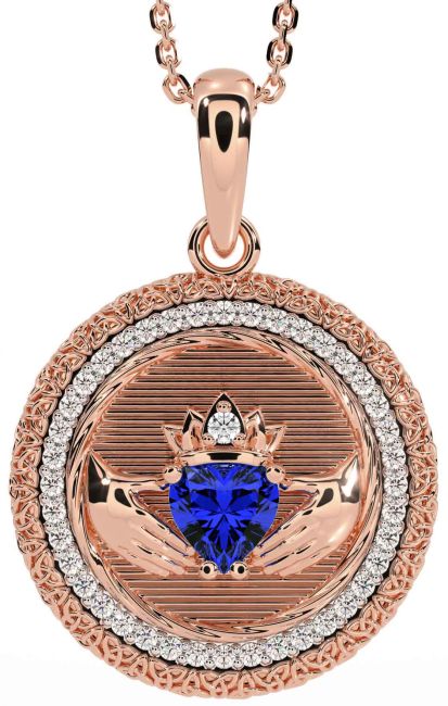 Diamond Sapphire Rose Gold Claddagh Celtic Trinity Knot Necklace