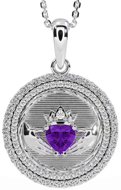 Diamond Amethyst Silver Claddagh Celtic Trinity Knot Necklace