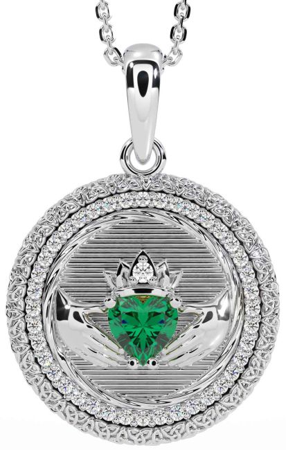Diamond Emerald Silver Claddagh Celtic Trinity Knot Necklace