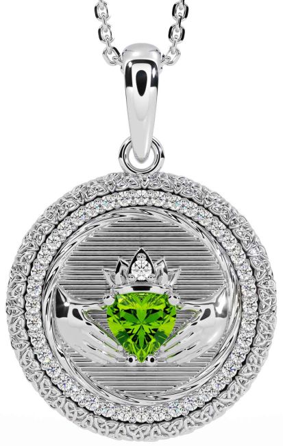 Diamond Peridot Silver Claddagh Celtic Trinity Knot Necklace