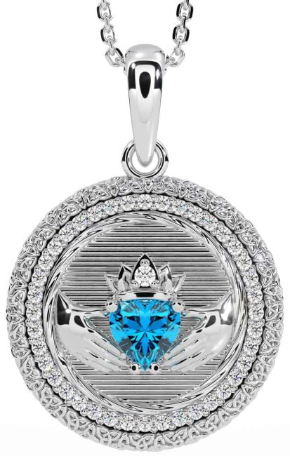 Diamond Topaz Silver Claddagh Celtic Trinity Knot Necklace