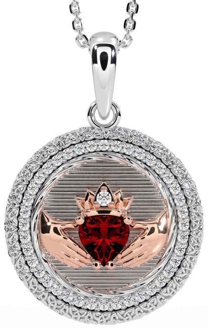 Diamond Garnet Rose Gold Silver Claddagh Celtic Trinity Knot Necklace