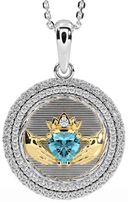 Diamond Aquamarine Gold Silver Claddagh Celtic Trinity Knot Necklace