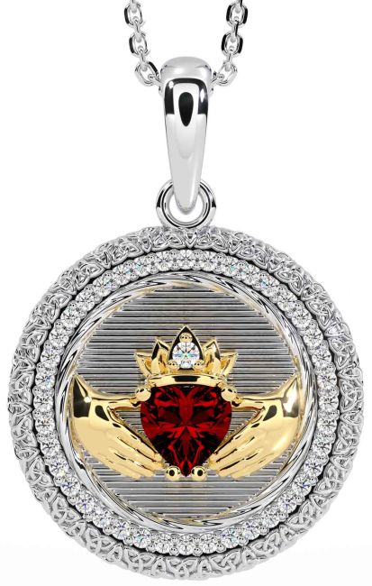 Diamond Garnet Gold Silver Claddagh Celtic Trinity Knot Necklace