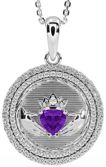 Diamond Amethyst White Gold Claddagh Celtic Trinity Knot Necklace