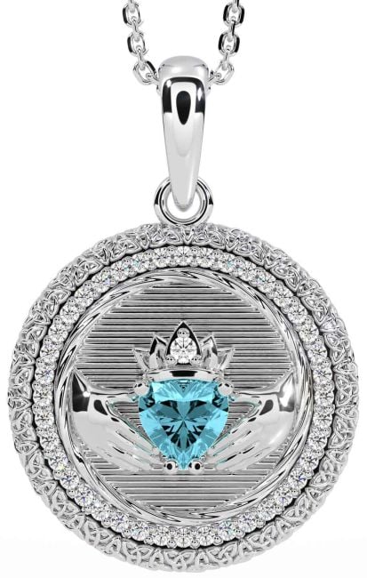 Diamond Aquamarine White Gold Claddagh Celtic Trinity Knot Necklace