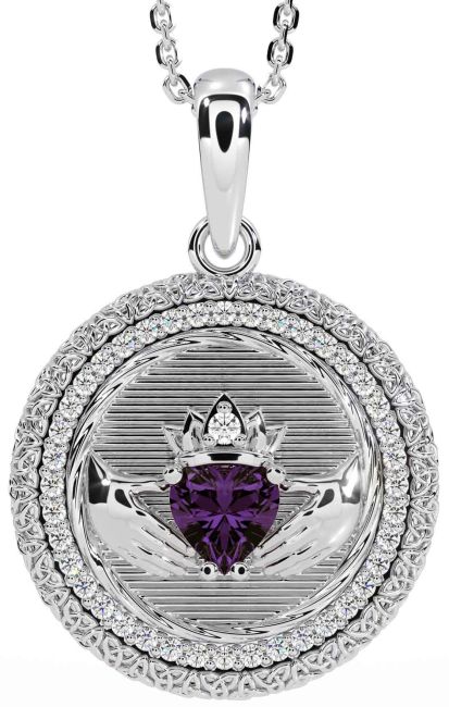 Diamond Alexandrite White Gold Claddagh Celtic Trinity Knot Necklace