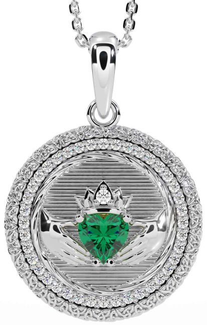 Diamond Emerald White Gold Claddagh Celtic Trinity Knot Necklace