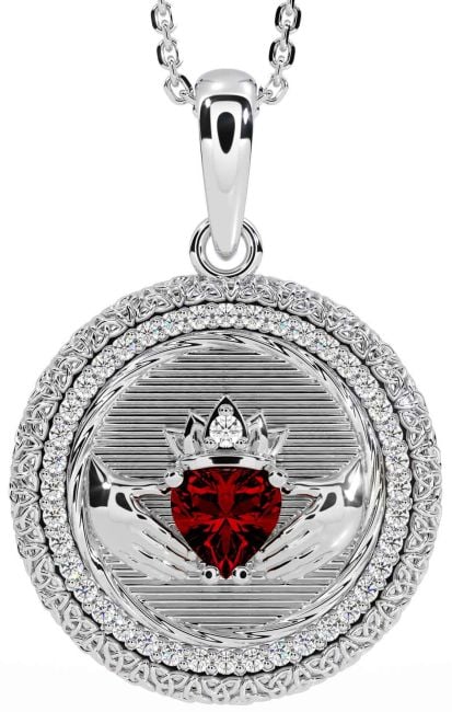 Diamond Garnet White Gold Claddagh Celtic Trinity Knot Necklace