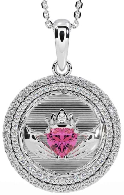 Diamond Pink Tourmaline White Gold Claddagh Celtic Trinity Knot Necklace