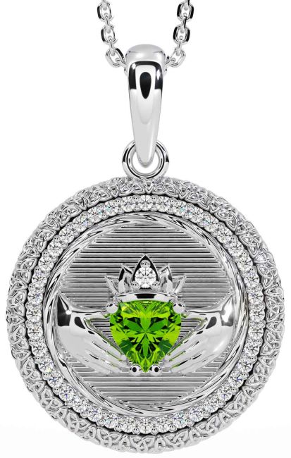 Diamond Peridot White Gold Claddagh Celtic Trinity Knot Necklace