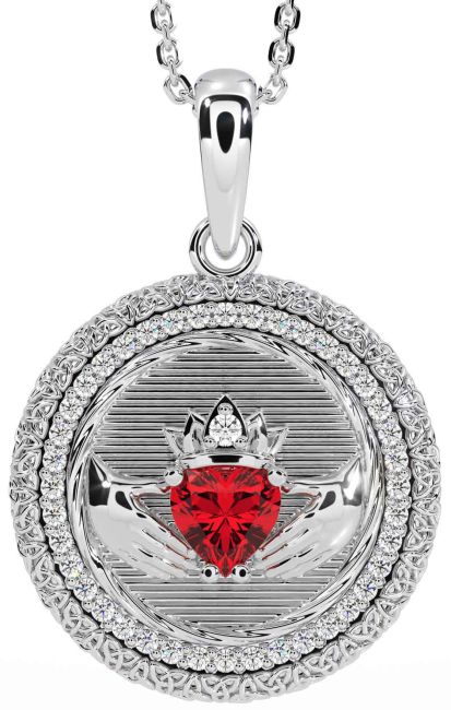Diamond Ruby White Gold Claddagh Celtic Trinity Knot Necklace