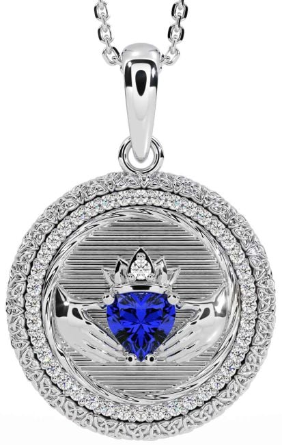 Diamond Sapphire White Gold Claddagh Celtic Trinity Knot Necklace