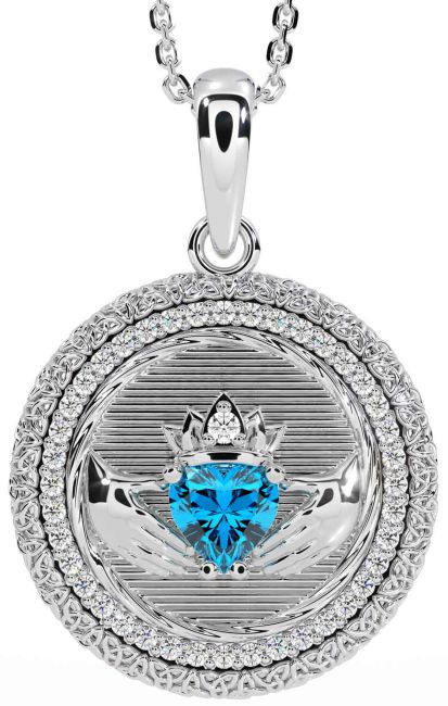 Diamond Topaz White Gold Claddagh Celtic Trinity Knot Necklace