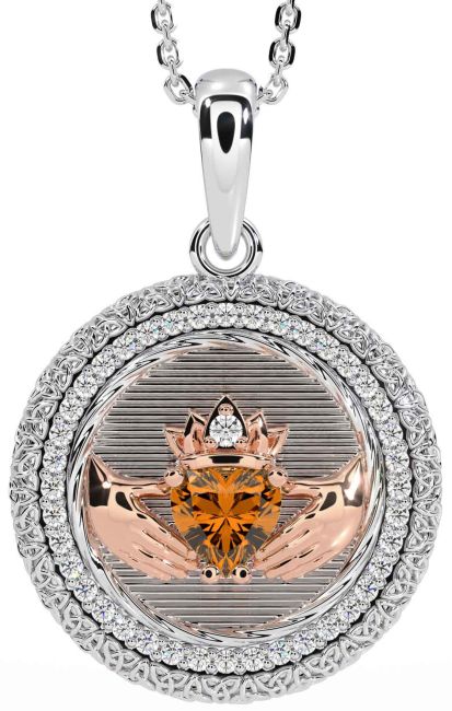 Diamant Citrin Vit Reste sig Guld Claddagh Keltiskt Treenighet Knut Halsband