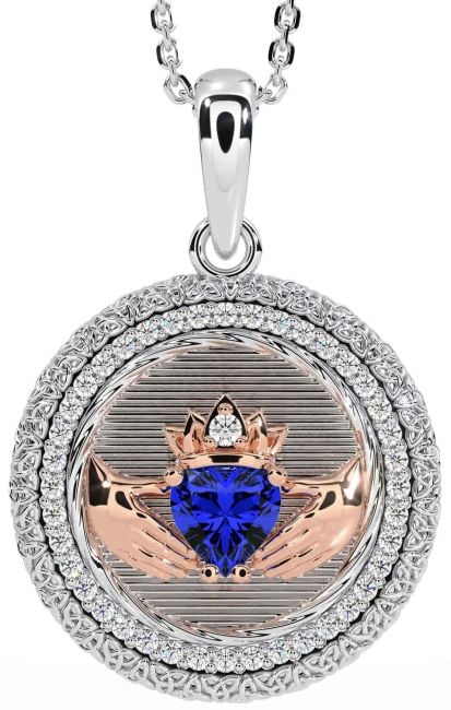 Diamond Sapphire White Rose Gold Claddagh Celtic Trinity Knot Necklace