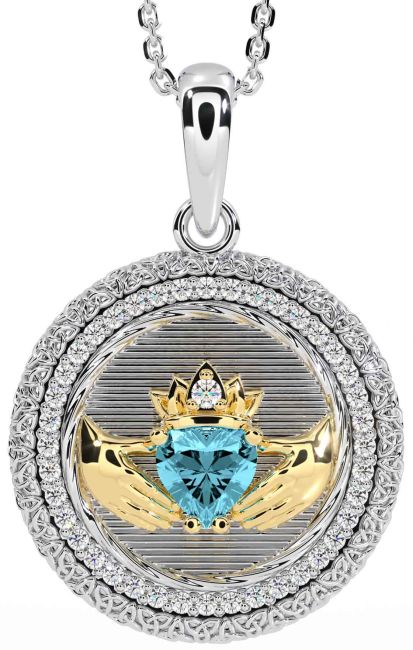 Diamond Aquamarine White Yellow Gold Claddagh Celtic Trinity Knot Necklace