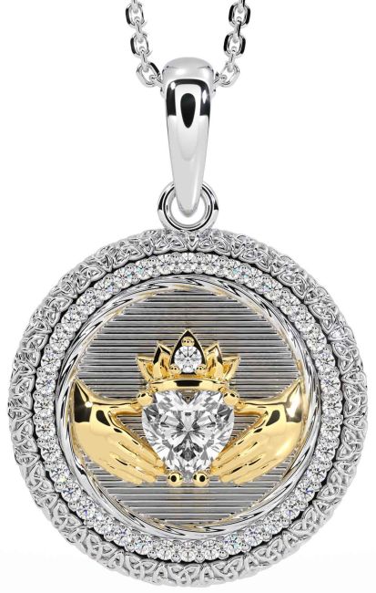 Diamond White Yellow Gold Claddagh Celtic Trinity Knot Necklace