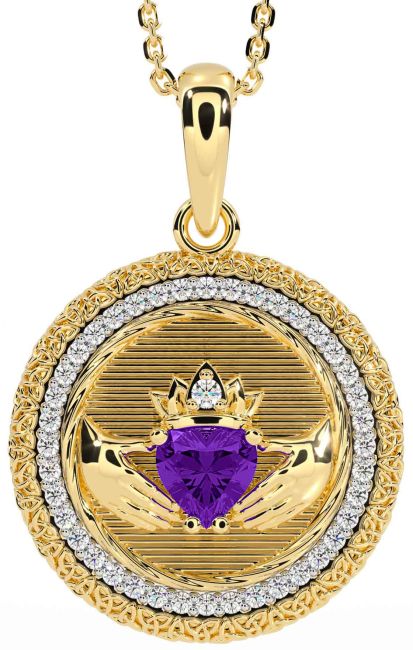 Diamond Amethyst Gold Claddagh Celtic Trinity Knot Necklace