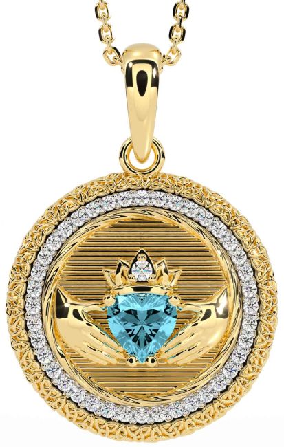 Diamond Aquamarine Gold Claddagh Celtic Trinity Knot Necklace