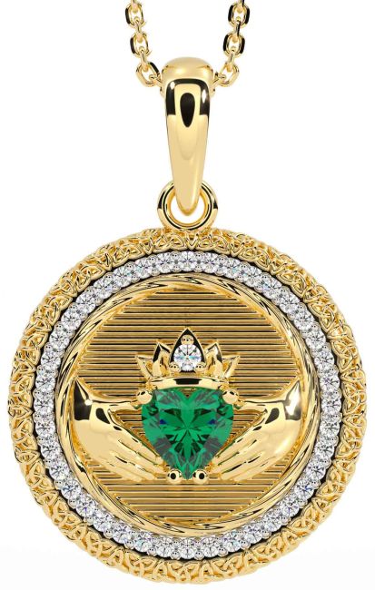 Diamond Emerald Gold Claddagh Celtic Trinity Knot Necklace