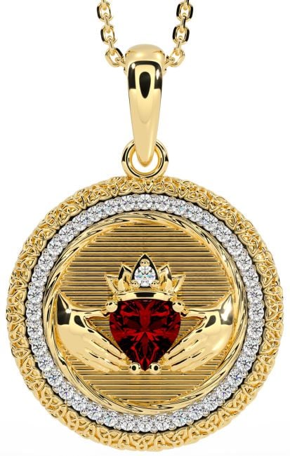 Diamond Garnet Gold Claddagh Celtic Trinity Knot Necklace