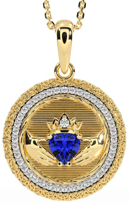 Diamond Sapphire Gold Claddagh Celtic Trinity Knot Necklace