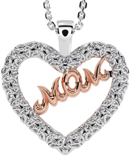 White Rose Gold Celtic Trinity Knot Heart Mom Necklace