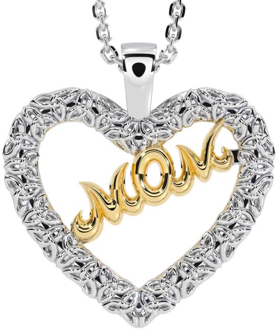 White Yellow Gold Celtic Trinity Knot Heart Mom Necklace