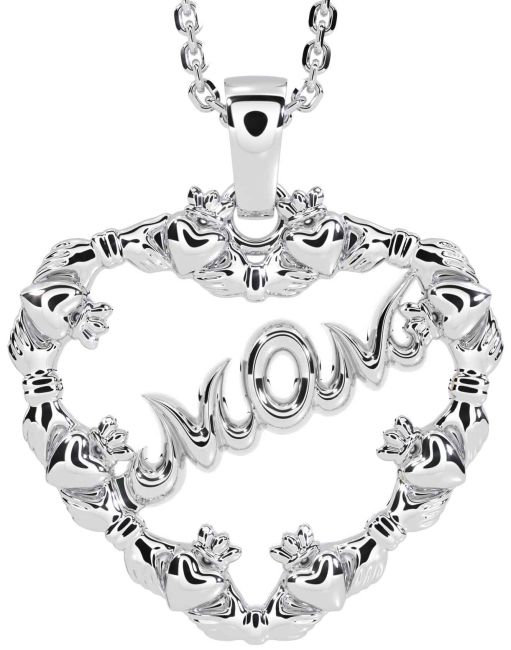 White Gold Claddagh Heart Mom Necklace